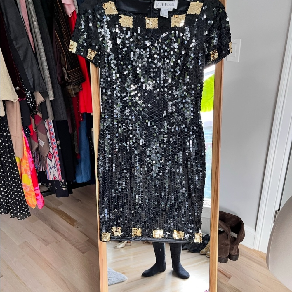 Vintage 80s A.J. Bari Black and Gold Sequin Mini Dress Size 6